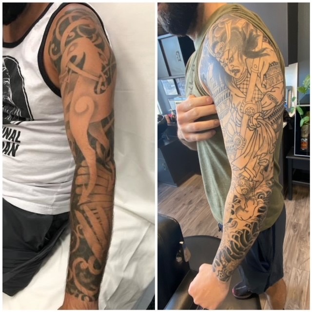 Before and after of arm tattoo after one laser session